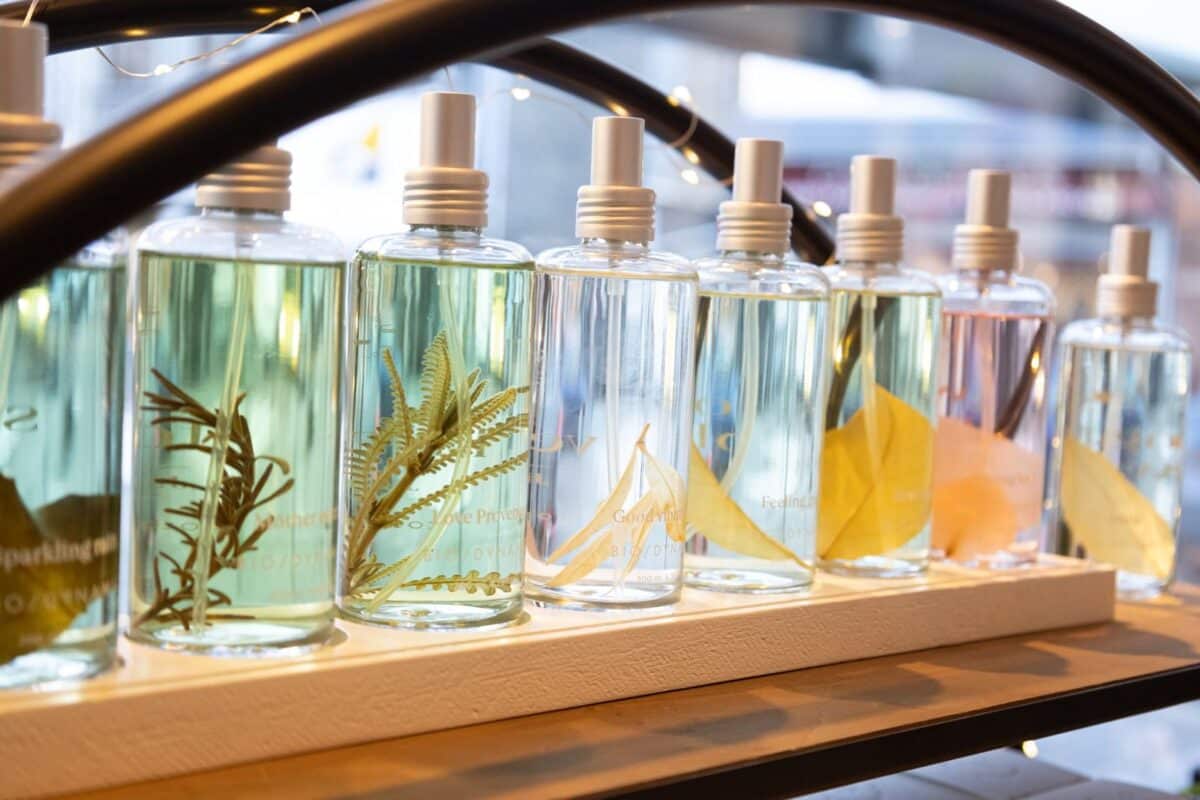 Flacons de parfums naturels contenant des plantes, présentés dans une lumière chaleureuse – Carac'Terre Distribution